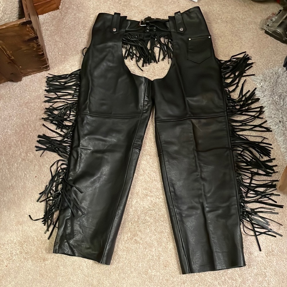 Men's ALLSTATE black leather chaps with side zippers. Size 3XL
